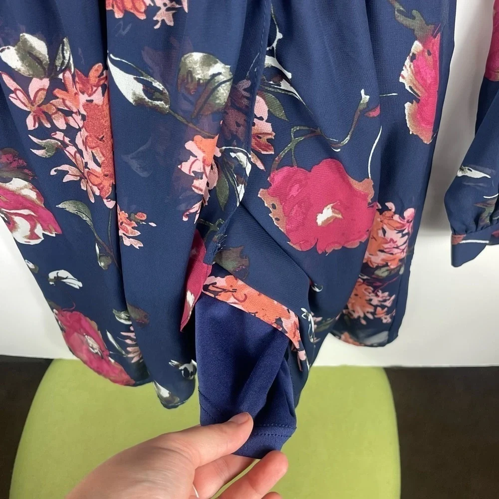 LULUS Pretty Pretender Navy Floral Wrap Dress Long Sleeve Dress WOMENS XS - Picture 8 of 10